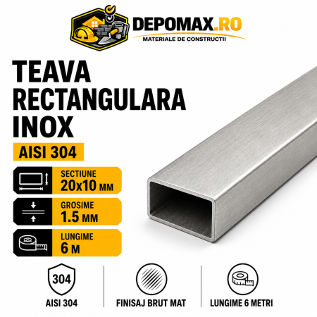 Teava rectangulara inox AISI 304, 20 x 10 x 1.5 mm, 6 metri